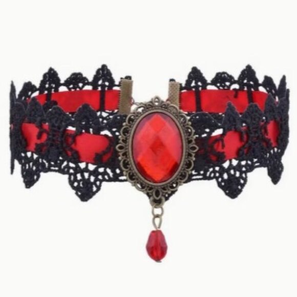 Gothic Teardrop Punk Choker Lace Necklace Vintage Style Red Black Clavicle Chain - Picture 1 of 9